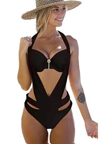 Lath Pin Costume Da Bagno Donna Intero Nero Bikini Sexy Mare Scollo A V