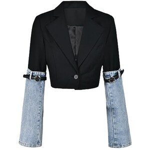 HEYDHSDC Blazer Da Donna In Denim Patchwork Con Colletto Dentellato