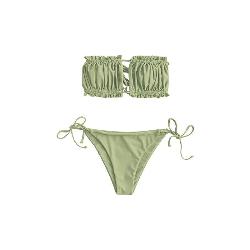 Zaful Set Bikini Da Donna Senza Spalle Con Coulisse E Volant Tinta