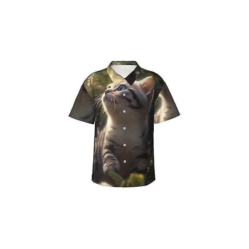 Neslin Camicia Hawaiana Da Uomo Con Gatto Che Guarda La Farfalla Bavero