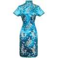 Laciteinterdite Vestito Cinese Corto Qipao a Maniche Corte Abito Donna Modello Turchese Drago Taglia 38