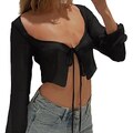 NAKEAH Top Sexy Trasparente in Mesh Scollato da Donna con Collo Quadrato Pulito, Maniche Lunghe e Top Cropped Up Stringato Nero S