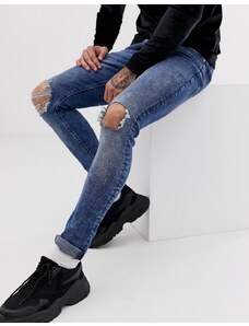 ASOS DESIGN - Jeans super skinny blu lavaggio acido con ginocchia strappate