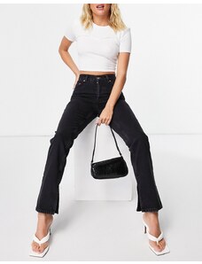 ASOS DESIGN - Jeans dritti a vita medio alta anni '90 in misto cotone nero slavato con spacco sul fondo - BLACK