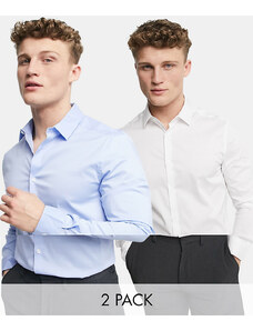 ASOS DESIGN - Confezione da 2 camicie stretch slim fit in bianco e blu - Risparmia-Multicolore