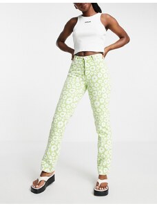 ASOS DESIGN - Jeans dritti a vita medio alta in stile anni '90 verdi con stampa di margherite-Multicolore
