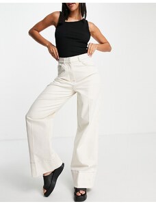 Selected Femme - Pantaloni sartoriali a fondo ampio in cotone color crema con cuciture a contrasto - CREAM-Bianco