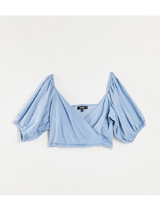 Missguided - Top in chambray con maniche arricciate voluminose blu