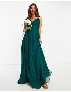 ASOS DESIGN - Bridesmaid - Vestito lungo allacciato in vita con spalline sottili e corpetto arricciato-Verde