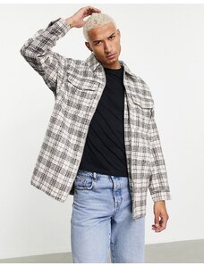 ASOS DESIGN - Camicia giacca oversize effetto lana a quadri grigia ed écru con pannello a contrasto-Neutro