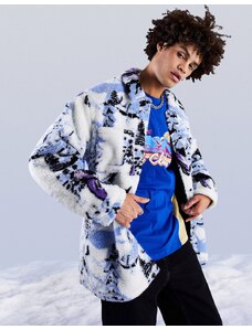 ASOS DESIGN - Camicia giacca oversize in pile borg bianco con stampa apres ski