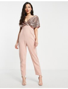 ASOS DESIGN - Tuta jumpsuit 2 in 1 con spalle scese e paillettes oro rosa