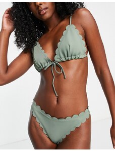 ASOS DESIGN - Top bikini a triangolo smerlato allacciato sul davanti kaki-Verde
