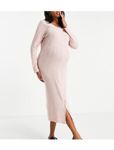 River Island Maternity - Vestito midi in jersey a coste con bottoni a pressione sul davanti, colore rosa mélange