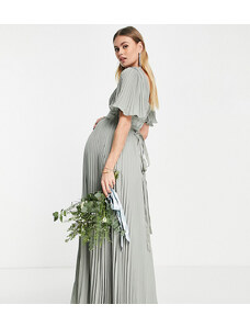 ASOS Maternity ASOS DESIGN Maternity - Vestito lungo da damigella a pieghe con maniche con volant e vita avvolgente in raso color verde oliva