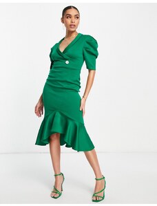 ASOS DESIGN - Vestito midi verde stile smoking con maniche a sbuffo-Multicolore