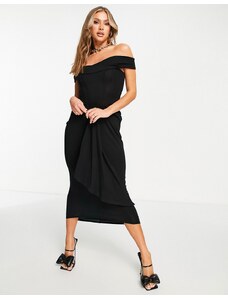 ASOS DESIGN - Vestito midi con corsetto arricciato con scollo Bardot nero