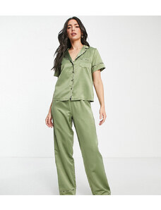 ASOS Tall ASOS DESIGN Tall - Mix & Match - Pantaloni del pigiama in raso verde oliva con profili con stampa animalier