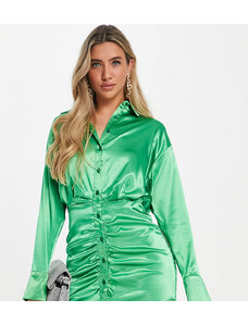 ASYOU - Vestito camicia in raso verde con arricciatura