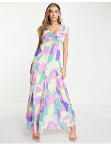 ASOS DESIGN - Vestito lungo arricciato con stampa floreale astratta e dettaglio con laccetto-Multicolore