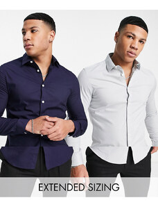 ASOS DESIGN - Confezione da 2 camicie stretch slim fit blu navy e grigia - Risparmia-Multicolore