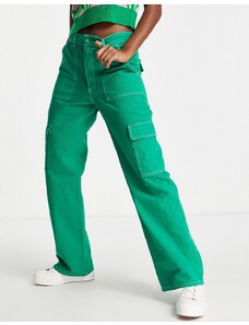 Pull&Bear - Pantaloni cargo dritti verdi con cuciture a contrasto-Verde