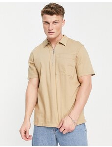 Selected Homme - Camicia sabbia a maniche corte con zip corta-Neutro