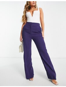 ASOS DESIGN Hourglass - Pantaloni a zampa comodi a fondo ampio in lino viola-Blu navy