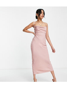 Esclusiva In The Style Petite - Vestito midi con scollo ad anello in raso color rosa cipria