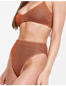 ASOS DESIGN - Mix and Match - Slip bikini sgambati a vita alta color ruggine glitterato-Rame