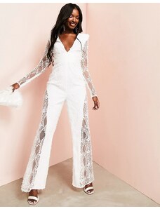 ASOS LUXE - Tuta jumpsuit decorata in pizzo con scollo profondo-Bianco