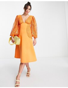 ASOS DESIGN - Vestito midi con maniche in pizzo, colore arancione