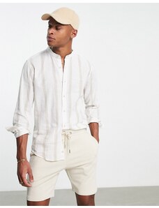 Pull&Bear - Camicia serafino in lino écru a righe a maniche lunghe-Bianco