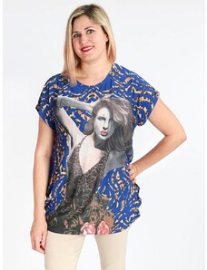 Solada Maxi T-shirt Donna Con Stampa e Strass Manica Corta Blu Taglia Unica