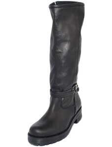 Malu Shoes Stivali donna neri in vera pelle di nappa con zip aderenti con fondo roccia in gomma e fibbie fatte a mano in Italia