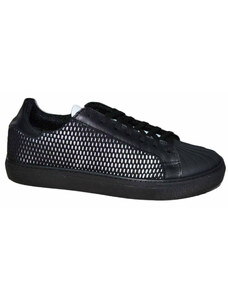 Malu Shoes Scarpe uomo sneakers bassa linguetta artistic vera pelle tessuto nero e bianco forato fondo nero ultraleggero lacci
