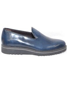 Malu Shoes Scarpe mocassino pelle blu lucido abrasivato fondo nero righo grigio squaletto comfort made in italy