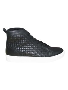 Malu Shoes Sneakers Alta nera in pelle inrecciata con fondo anatomico bianco lacci nero moda