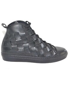 Malu Shoes Sneakers alta uomo pelle nero moda glamour intreccio a mano fondo antiscivolo tono su tono made in italy