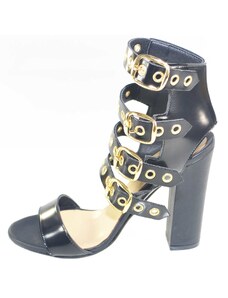 Malu Shoes Sandali tacco doppio nero pelle art.st9048 made in italy accessori fibbia oro moda comfort fondo antiscivolo