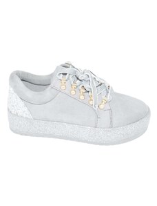 Malu Shoes Sneakers bassa art.7666 nabuk grigio con fortino glitter e accessori oro fondo glitter