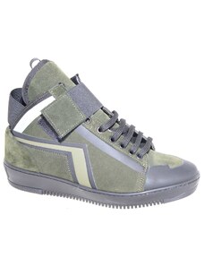 Malu Shoes Sneakers alta made in italy art.PM002 in vera pelle scamosciata verde con strappo ed elastico nero inserti di gommato