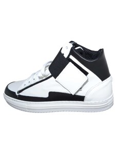 Malu Shoes Sneakers alta art.8189 in vera pelle bianco nero bicolore con strappo ed elastico nero made in italy fondo antiscivolo