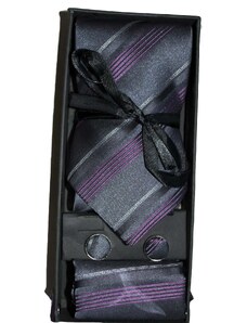 Malu Shoes Set coordinato uomo cravatte con gemelli e pochette nero viola fantasia righe elegante cerimonia