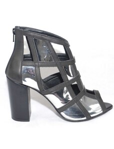 Malu Shoes Tronchetto donna a scacchi forma quadrata forato in pelle argento e nero tacco doppio vera pelle