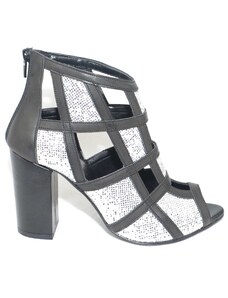 Malu Shoes Scarpe tronchetto donna a scacchi forma quadrata forato in pelle nero e argento tacco doppio vera pelle moda gla
