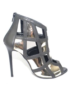 Malu Shoes Scarpe tronchetto donna a scacchi forma quadrata forato in pelle nero e specchio oro tacco a spillo vera pelle