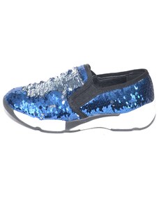 Malu Shoes Sneakers bassa in paillettes argento e blu rivoltabili con fondo plat bicolore