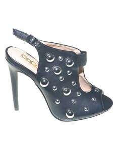 Malu Shoes Sandalo nero donna con allacciatura cinturino open toe e plateau applicazioni con borchioni tacco a spillo