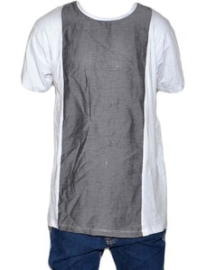 Malu Shoes T- shirt basic uomo cotone bianco modello over con inserti in lino grigio sul petto girocollo made in italy